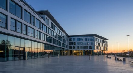 Fototapeta premium Modern office building exterior at sunset modern architecture