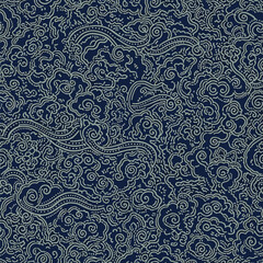 Intricate swirling cloud pattern design in navy blue and light green, seamless background., seamless pattern, royalty free stock.