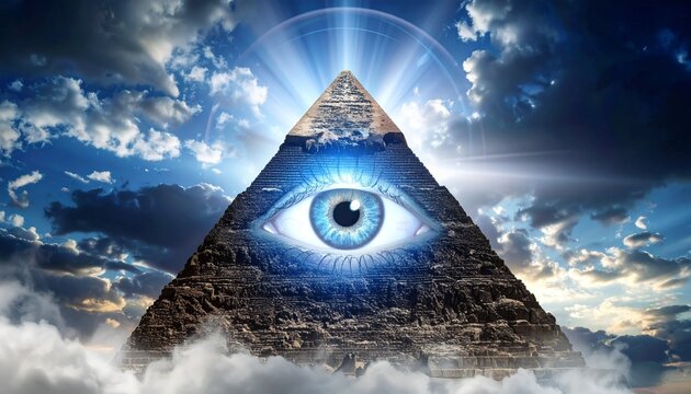 Eye of Providence Pyramid with Cloud Sky Background, and Mystical Concept.
