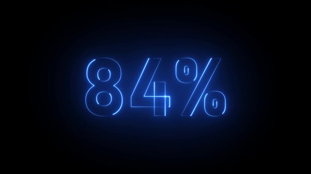 Blue neon 84 percent sign on black background eighty four percent