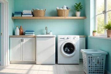 A clean, bright laundry room with freshly washed clothes folded on a shelf, laundry basket, detergent bottles, and washing machine visible Ready for the next load!, domestic, bottles