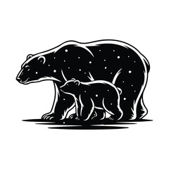 Monochrome illustration of a mother bear with her cub in stylized graphic art