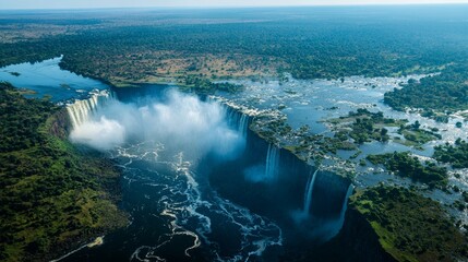 Telephoto shot of the immense Victoria falls, as seen from the air.