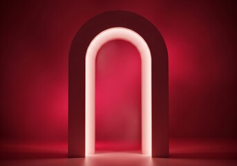 Minimalist arched doorway with soft lighting on a vibrant red backdrop