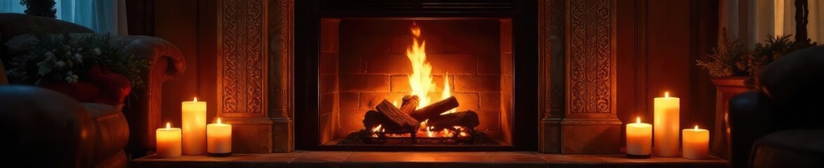 A cozy fireplace with flickering flames, surrounded by intricately carved wooden mantelpiece and glowing candles, creating a warm and inviting ambiance for a festive season , interior, room, yellow