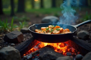A crackling campfire with a cast iron skillet cooking delicious food over the glowing embers Perfect for camping, outdoor cooking, and wilderness adventures , rustic scene, dark