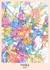 Puebla Mexico City Map. downtown printable Landmarks print painting, travel art banner modern city, urban city art, background abstract