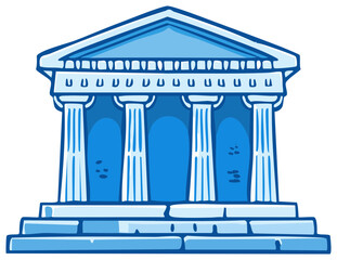 Obraz premium Classic cartoon illustration of a blue stone greek temple with columns and steps, government symbol or educational historical monument, isolated.