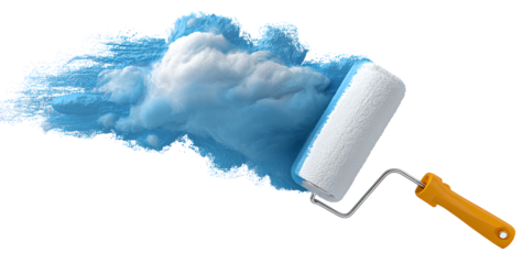 Paint roller with blue paint stroke isolated on transparent background