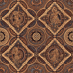 Intricate repeating pattern featuring stylized dancers and ornate decorative elements in warm tones., seamless pattern, Stock royalty image.