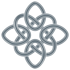 Celtic knot design in gray on white background.