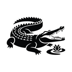 Monochrome alligator with water lily in minimal design for logo and branding projects