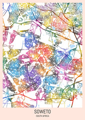 Soweto South Africa City Map. downtown printable Landmarks print painting, travel art banner modern city, urban city art, background abstract