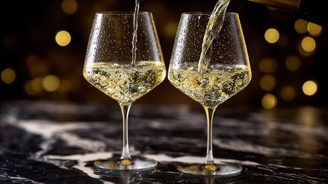 Two wine glasses with golden liquid pouring, elegant condensation on dark marble surface. bar promotions, beverage menus, designed for food & beverage menus and cafe branding