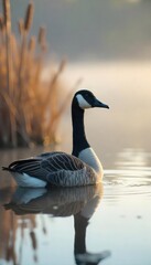 A lone goose decoy sits in a marsh, surrounded by cattails and early morning mist Ready for the hunt, the scene evokes the tranquility and challenge of waterfowl hunting , snow goose, autumn, bird