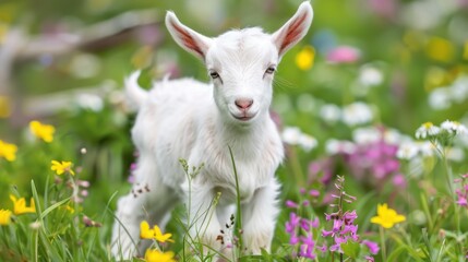 Fototapeta premium Cute White Baby Goat Standing in Colorful Flower Field in Natural Light