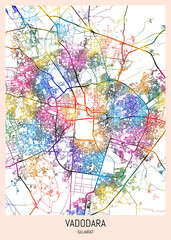 Vadodara Gujarat City Map. downtown printable Landmarks print painting, travel art banner modern city, urban city art, background abstract