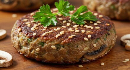 Delicious Vegetarian Burger with Sesame Seeds and Fresh Herbs on a Wooden Surface