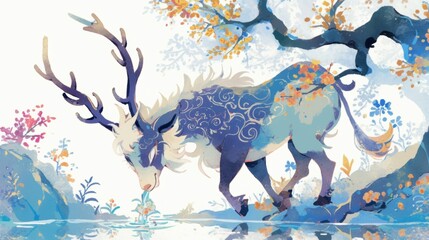 A mystical deer with ornate antlers and flowing mane stands by a serene water body, surrounded by autumnal trees.