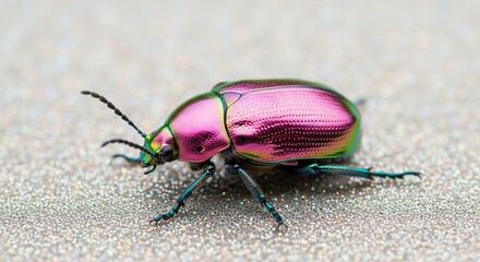 Iridescent beetle with pink and green shell on sparkling surface