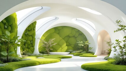 A serene interior with white arches and vibrant green moss walls and lush vegetation throughout the space
