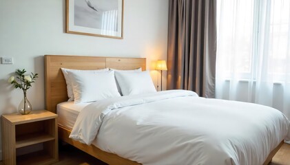 A neatly made single bed with crisp white linens, a tidy bedside table, and a minimalist room decor Clean and organized space, perfect for a single person's apartment or hotel room , clean, calm