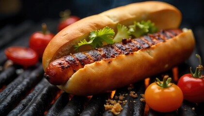 A perfectly grilled hot dog on a barbeque, slightly charred with grill marks, resting on a bun, next to various condiments Juicy, flavorful, and ready to eat , char, grilled, juicy