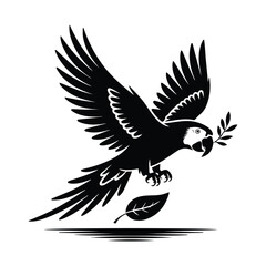Obraz premium Symbolic black and white parrot illustration with olive branch representing freedom and nature