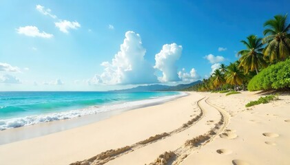 A pristine beach, tire tracks leading to the ocean, untouched sand, beautiful coastal scenery Perfect for travel, adventure, or nature-themed projects , travel, holiday, deserted