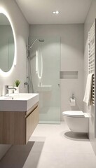 A pristine, modern bathroom gleams after a thorough cleaning; sparkling fixtures, spotless surfaces, and fresh towels convey a sense of calm and hygiene , water, organized, order