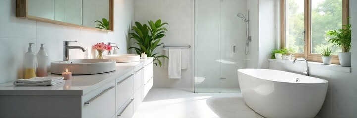 A pristine, modern bathroom gleams after a thorough cleaning; sparkling fixtures, spotless surfaces, and freshly-laundered towels suggest a professional cleaning service , shower, apartment