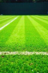 A pristine Wimbledon tennis court, impeccably maintained grass, vibrant green, ready for a championship match The iconic white lines mark the boundaries, under a bright summer sky , summer, outdoor