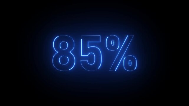 Blue neon 85 percent sign on black background eighty five percent