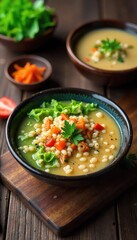 A rustic wooden table laden with a variety of whole grains, vegetables, miso soup, and seaweed, embodying the principles of macrobiotic eating , earth-friendly, tempeh, balanced diet