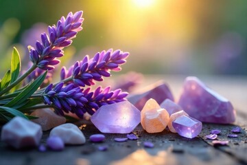 A serene arrangement of lavender sprigs and crystals, bathed in soft sunlight, evokes tranquility and spiritual calm Perfect for meditation, yoga, or aromatherapy imagery , tranquility, relaxation