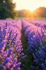A serene lavender field bathed in soft sunlight, embodying tranquility and spiritual connection  Perfect for meditation, yoga, and relaxation imagery ,  sunlight,  herbal
