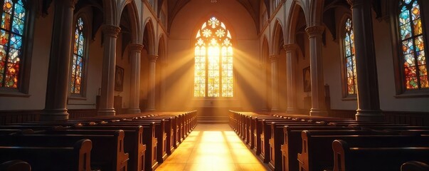A serene, sunlit church interior; stained glass glows, illuminating dust motes in the peaceful sanctuary  Perfect for themes of faith, hope, spirituality, and worship ,  christianity,  solace, church