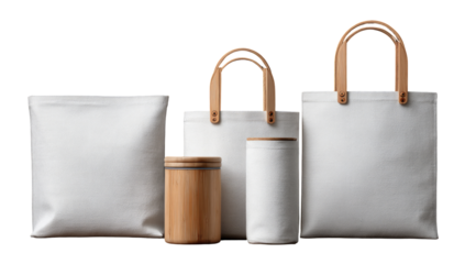 White canvas bags & accessories, various sizes.  Wooden handles