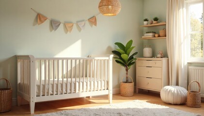 A serene, sunlit nursery awaits the arrival of a new family member  Soft lighting enhances the gentle colors and textures of the lovingly prepared space ,  calm,  cozy,  mobiles