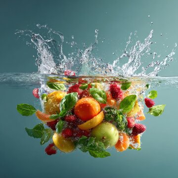 fruit and green leaf explosion in clean water