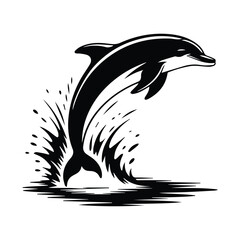 Elegant black and white dolphin illustration leaping from water with splash graphic element