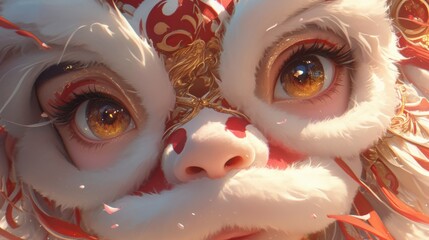 Close-up of a whimsical, stylized creature with large expressive eyes and intricate red and gold patterns in the background.