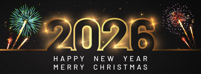 Happy new year 2026 Elegant text with light effect and fireworks.