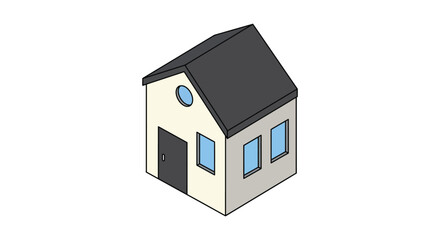 a small house with blue windows and black roof