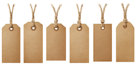 Six blank brown paper price tags with twine isolated on transparent background