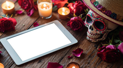 Day of the Dead is a holiday dedicated to the memory of the dead, held annually on November 1 and 2. Witchcraft and black magic. The mockup of the tablet is surrounded by a decorative skull