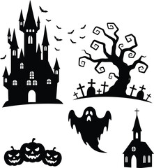 Black silhouettes of a castle bats a spooky tree a graveyard pumpkins a ghost and a church