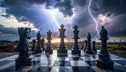 Chess pieces stand on a board against a stormy sky with lightning. Dramatic scene evoking strategy and conflict