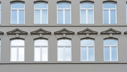 Obraz premium Multiple windows on a grey building facade with decorative elements
