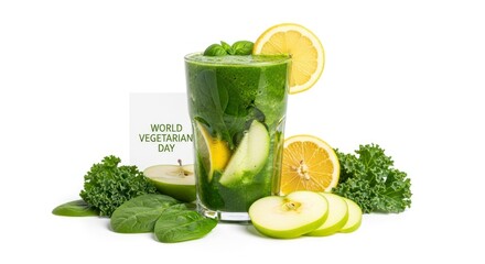 Fresh Green Smoothie with Lemon Slice and Ingredients on White Background Studio Shot